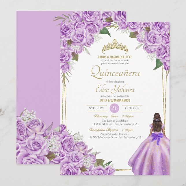 Lavender Lila Quinceanera Elegante Rose Einladung (Vorne/Hinten)
