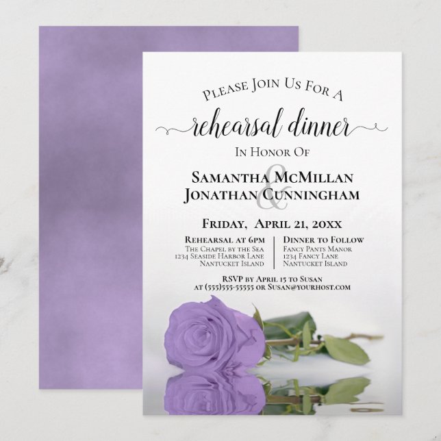 Lavender Lila Rose Chic Hochzeit Probe Dinner Einladung (Vorne/Hinten)