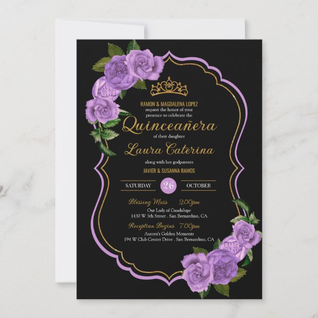 Lavender Lila Rose Gold Elegante Quinceñera Einladung (Vorderseite)