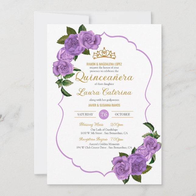 Lavender Lila Rose Gold Elegante Quinceñera Einladung (Vorderseite)