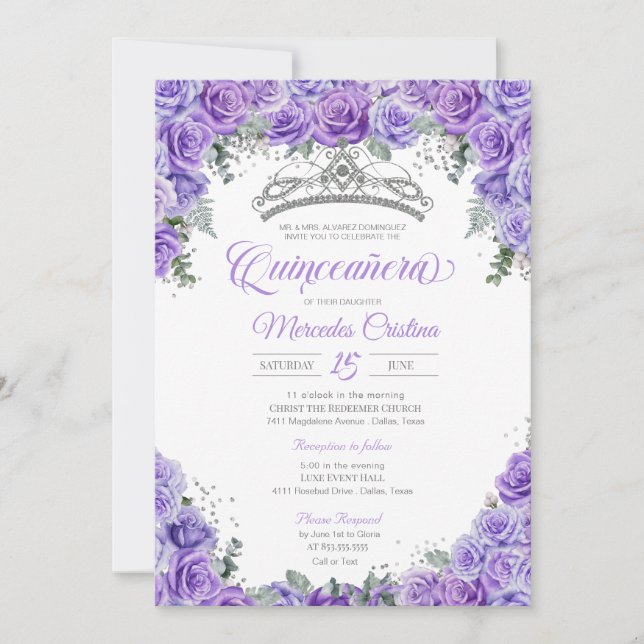 Lavender Lila Rose & Silver Tiara Quinceanera Einladung (Vorderseite)