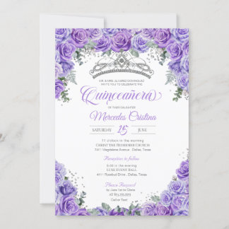 Lavender Lila Rose & Silver Tiara Quinceanera Einladung