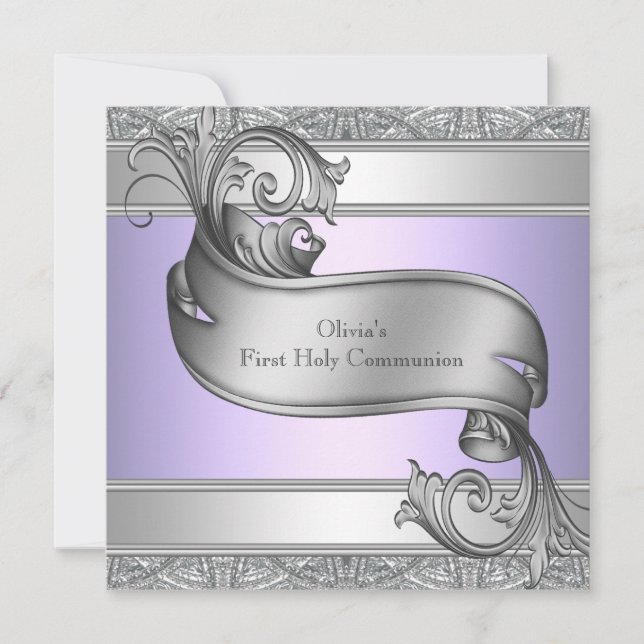 Lavender Lila Silberkreuz Mädchen Erste Kommune Einladung (Vorderseite)