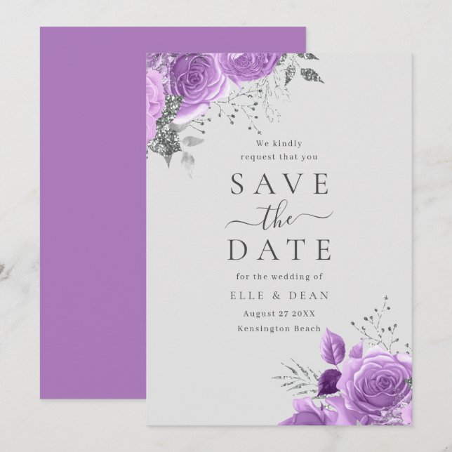 Lavender Lila & Silver Floral Elegante Hochzeit Save The Date (Vorne/Hinten)