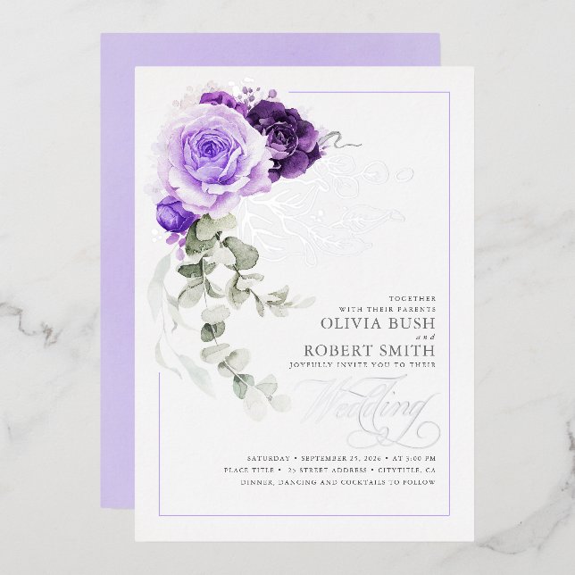 Lavender Lila & Silver Foil Floral Boho Wedding Folieneinladung (Vorderseite/Rückseite)