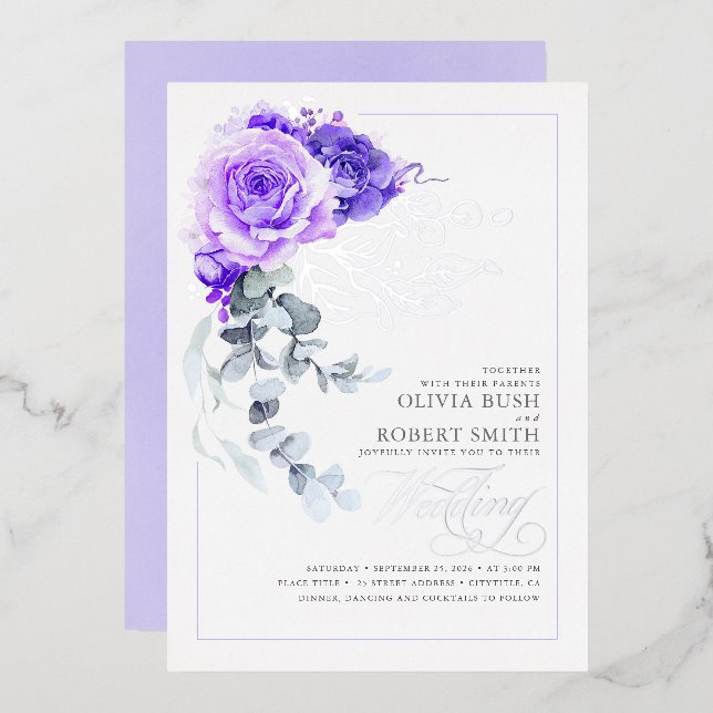 Lavender Lila & Silver Foil Floral Boho Wedding Folieneinladung (Vorderseite/Rückseite)