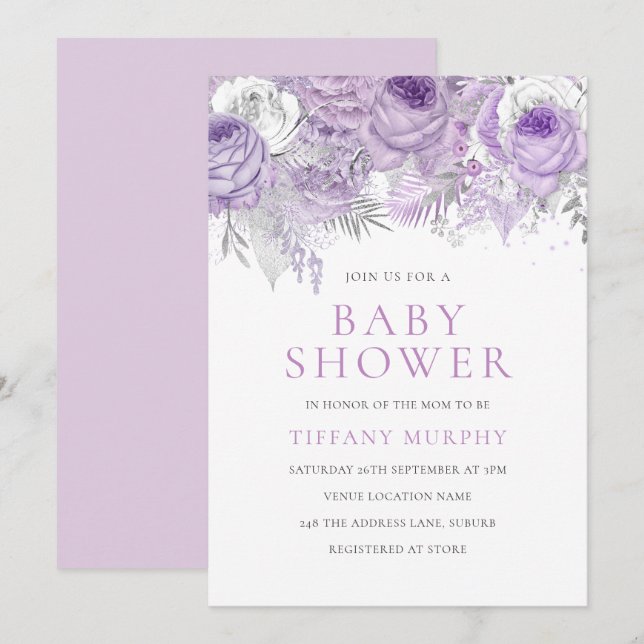 Lavender Lila Sparkle Floral Baby Dusche Einladung (Vorne/Hinten)