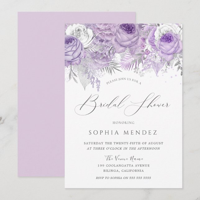 Lavender Lila Sparkle Floral Brautparty Invit Einladung (Vorne/Hinten)