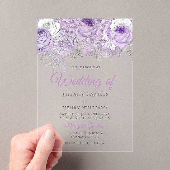 Lavender Lila Sparkle Floral Wedite Einladung (Insitu (Handheld))