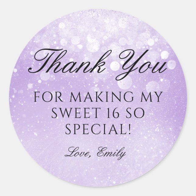 Lavender Lila Sparkle Sweet 16 Danke Runder Aufkleber (Vorderseite)