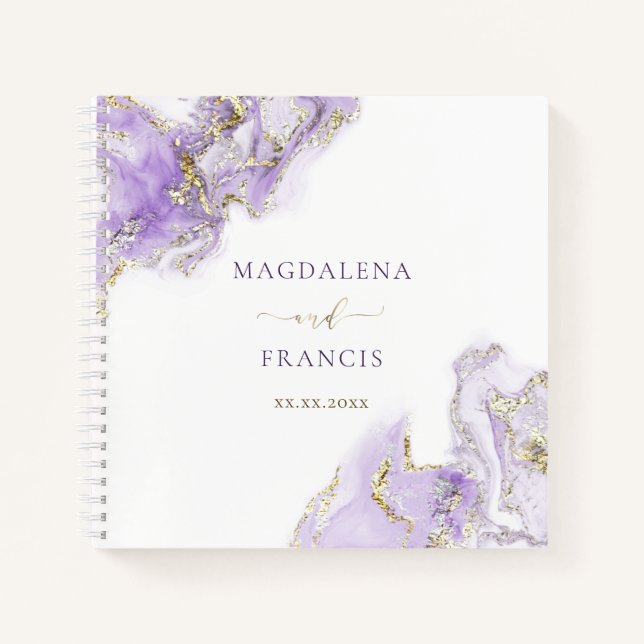 lavender lila Tintenmarmor Hochzeit Gästebuch Notizbuch (Vorderseite)