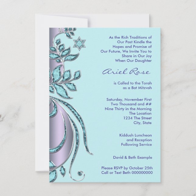 Lavender Lila und Aquamarin Blue Bat Mitzvah Einladung (Vorderseite)