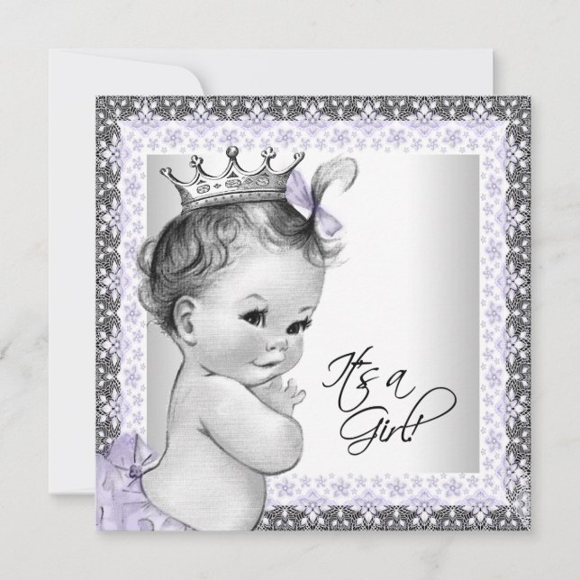 Lavender Lila und Gray Baby Girl Dusche Einladung (Vorderseite)