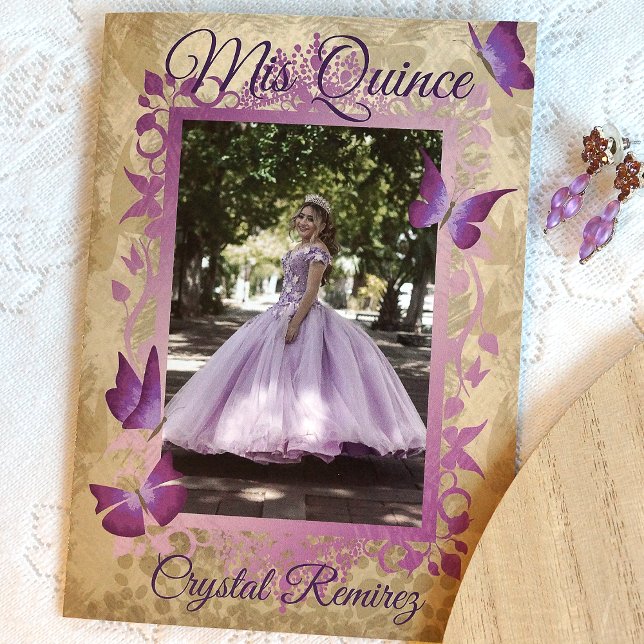 Lavender Lila Vintage Quinceanera Einladung (ornate, fancy lavender, purple butterfly quinceanera photo invitation)