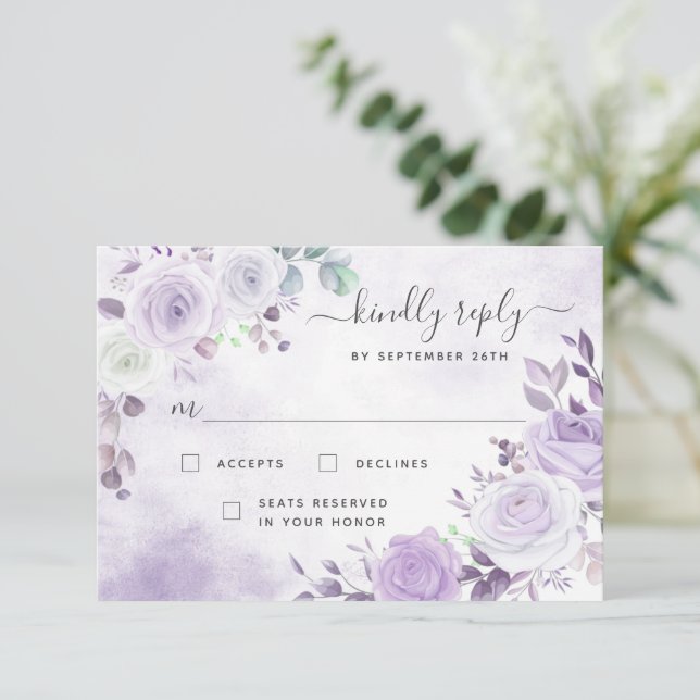 Lavender Lila Watercolor Florals RSVP Card (Stehend Vorderseite)