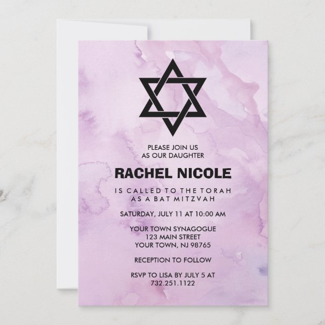 Lavender Lila Watercolor Look Bat Mitzvah Einladung (Vorderseite)