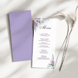 Lavender Lila Wedding Menu Card Menükarte<br><div class="desc">Diese lavender-lila Hochzeitskarte bietet lila und weiße Aquarellbäder,  Lavendel,  geometrische Formen und elegante moderne Typografie. Ideal für eine Hochzeit im Freien. Finden Sie passende Artikel in der Lila Blumenkollektion von Lavender.</div>