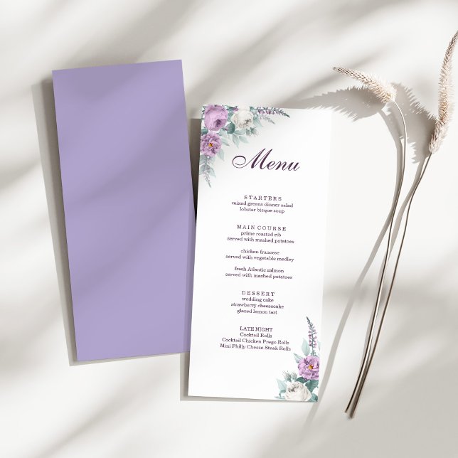 Lavender Lila Wedding Menu Card Menükarte (Lavender Purple Wedding Menu Card on a sunny white dry palm leaf.)