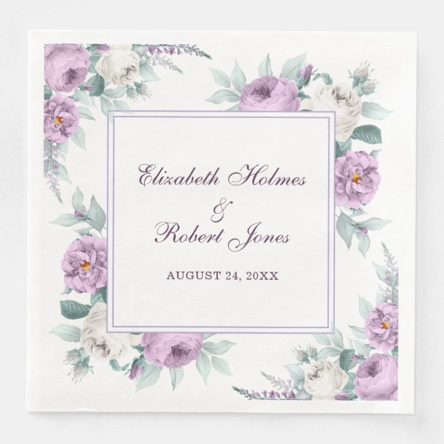 Lavender Lila weiße Peonies Hochzeit Napkins Serviette (Vorderseite)