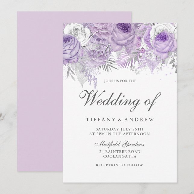 Lavender Lila White Silver Blume Hochzeit Einladun Einladung (Vorne/Hinten)