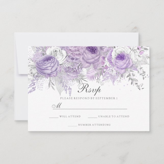 Lavender Lila White Silver Blume Wedding RSVP (Vorderseite)
