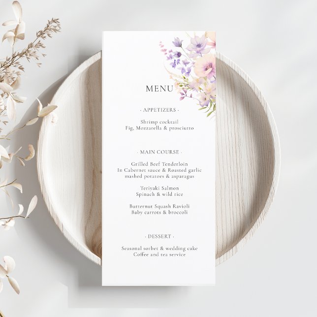 Lavender Lila Wild Blume Hochzeit Menükarte (Lavender Purple Wild Flowers Wedding Menu)