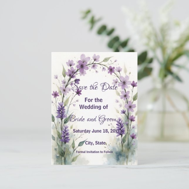 Lavender Lilac Floral Arch Save the Date Postkarte (Stehend Vorderseite)