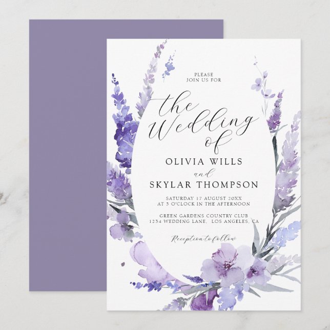 Lavender Lilac Floral Botanische Lila Hochzeit Einladung (Vorne/Hinten)
