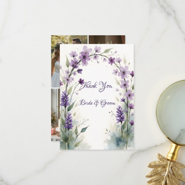 Lavender Lilac Floral Wedding Photo  Dankeskarte (Vorderseite/Rückseite Beispiel)