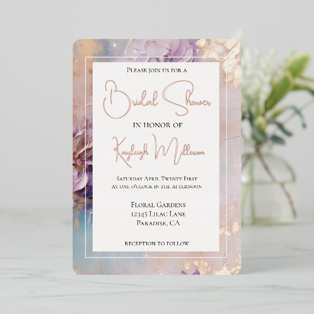 Lavender Lilac Gold Aqua Brautparty Folieneinladung (Stehend vorne)
