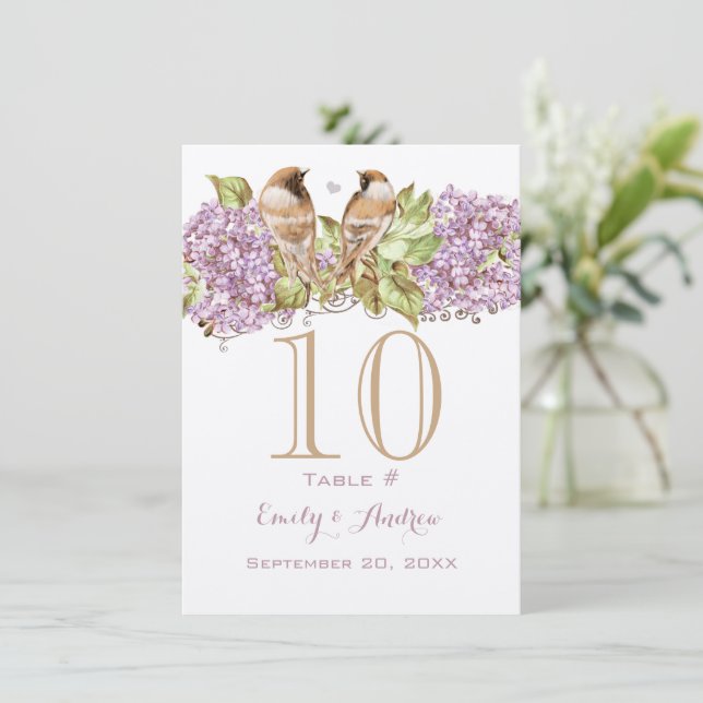 Lavender Lilac Love Bird Wedding Tischnummer Card (Stehend Vorderseite)