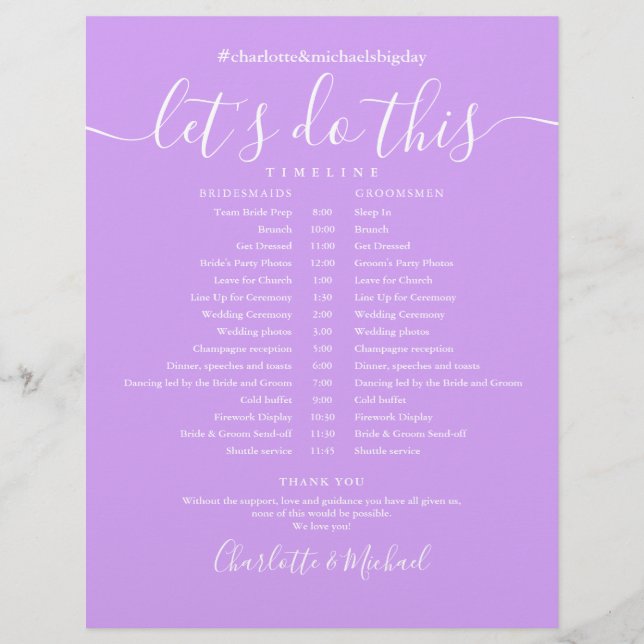 Lavender Lilac Modern Wedding Zeitplan Zeitleiste (Vorderseite)