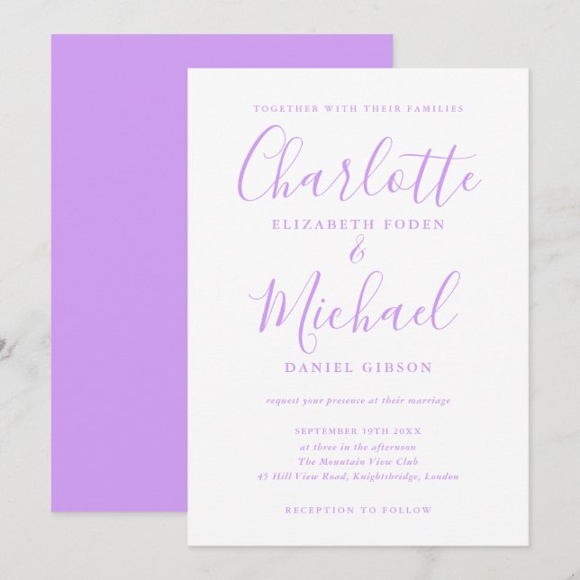 Lavender Lilac Signature Script Wedding Einladung (Vorne/Hinten)