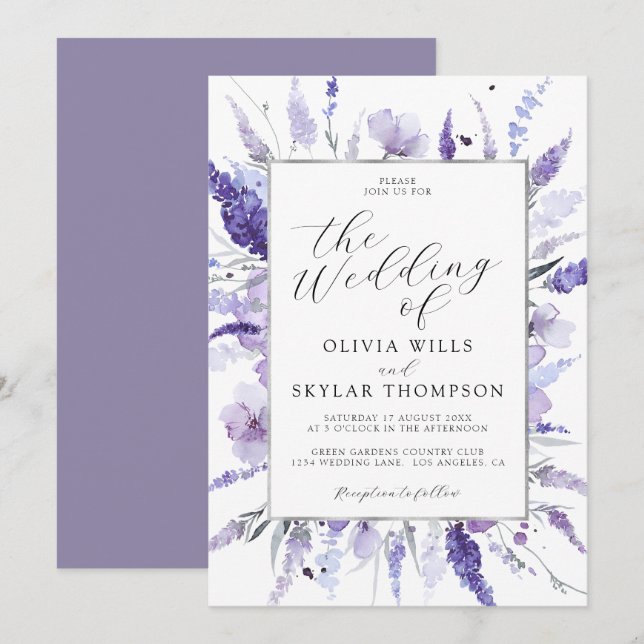 Lavender Lilac Silver Floral Botanische Hochzeit Einladung (Vorne/Hinten)