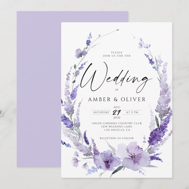 Lavender Lilac Violet Moderne Hochzeit Einladung (Vorne/Hinten)