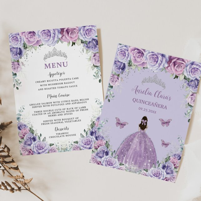 Lavender Lilac Violet Rose Floral Quinceanera Menu (Créateur téléchargé)