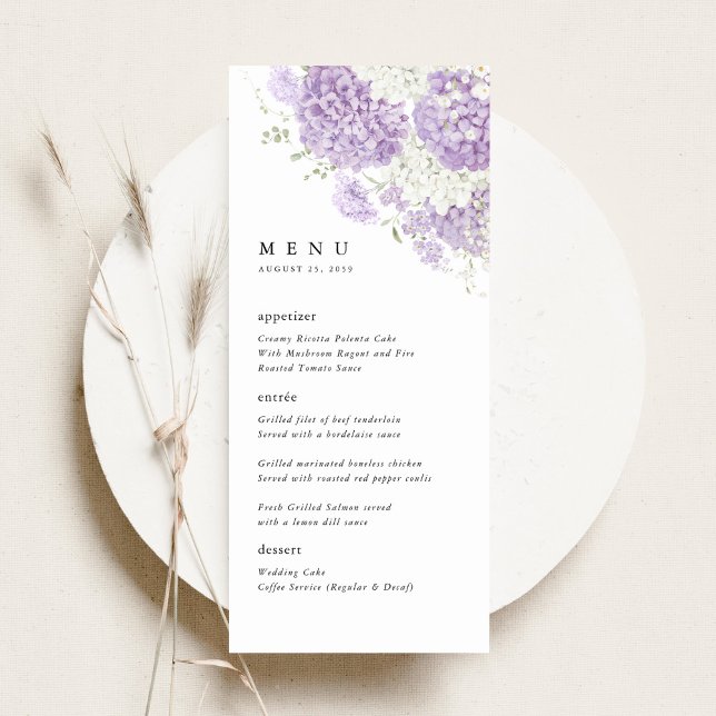 Lavender Lilac White Floral Wedding Reception Menükarte (Lavender lilac white hydrangea wedding menu, romantic watercolor floral reception table dinner menu)