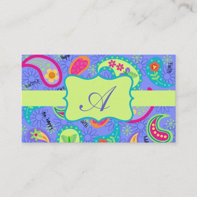 Lavender Lime Green Modern Paisley Monogram Visitenkarte (Vorderseite)