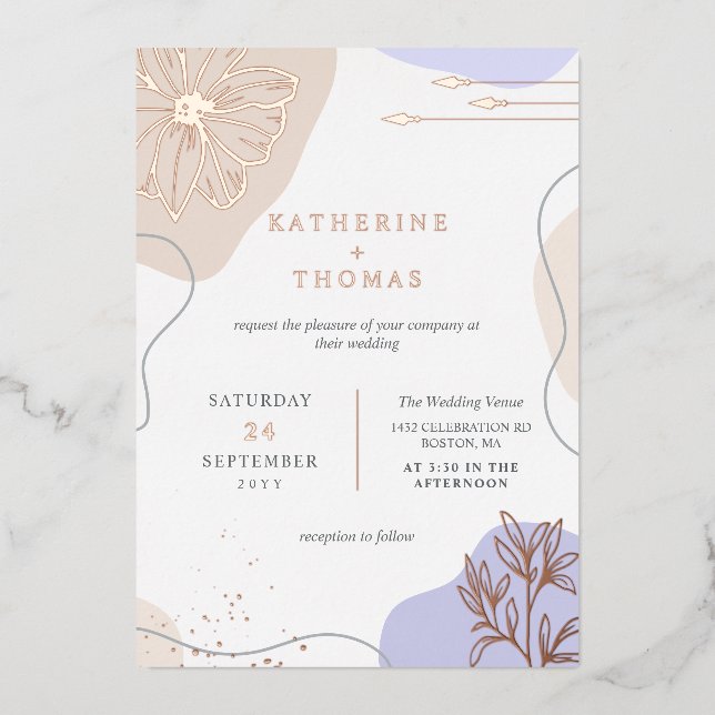 Lavender & Linen Blumengrün Hochzeit Folieneinladung (Vorderseite)