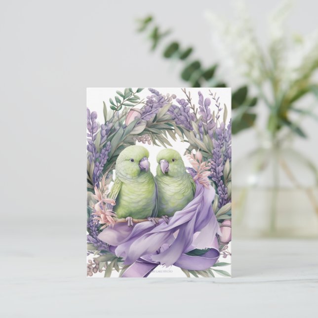 Lavender Lovebirds Postkarte (Stehend Vorderseite)