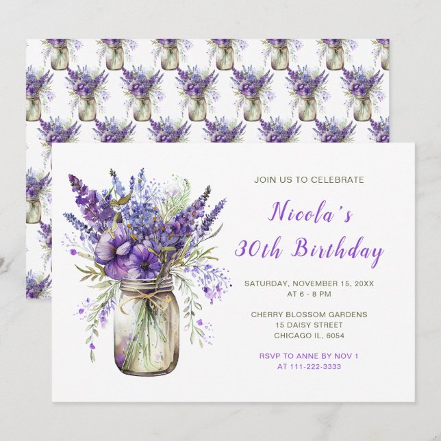 Lavender Mason Jar Birthday Party Einladung (Vorne/Hinten)