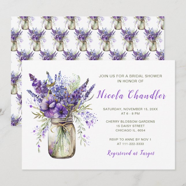 Lavender Mason Jar Brautparty Einladung (Vorne/Hinten)
