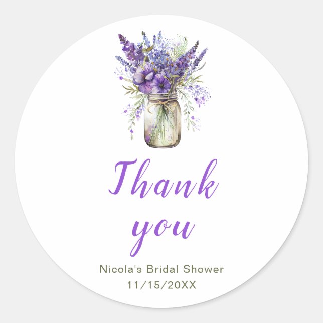 Lavender Mason Jar Brautparty Runder Aufkleber (Vorderseite)