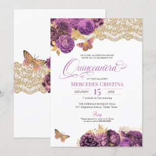 Lavender Mauve Rose & Lace Butterfly Quinceañera Einladung