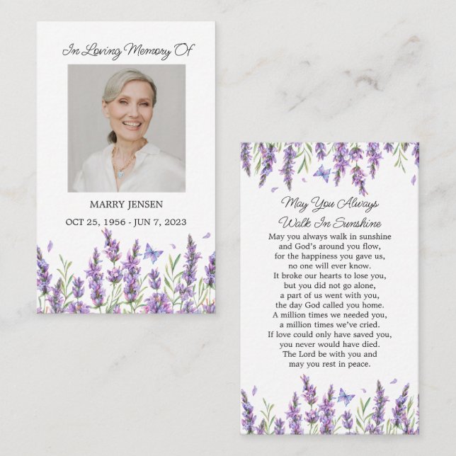 Lavender Memorial Photo Funeral Prayer Card Visitenkarte (Vorne/Hinten)