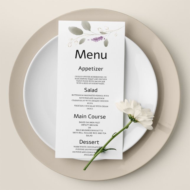 Lavender menthe or aquarelle Mariage floral Menu (Lavender mint gold watercolor floral Wedding Menu )