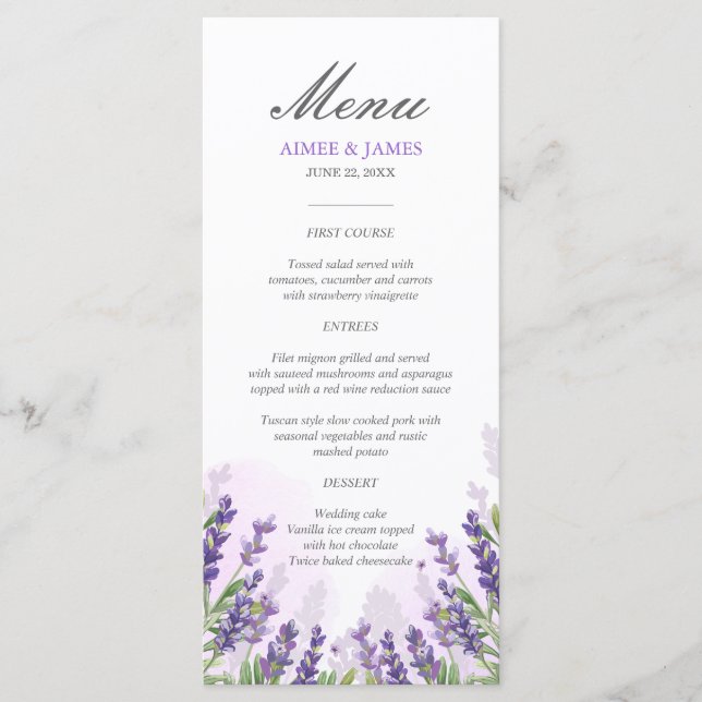 Lavender Menu Mariage Élégant Purple Floral Dreamy (Devant)