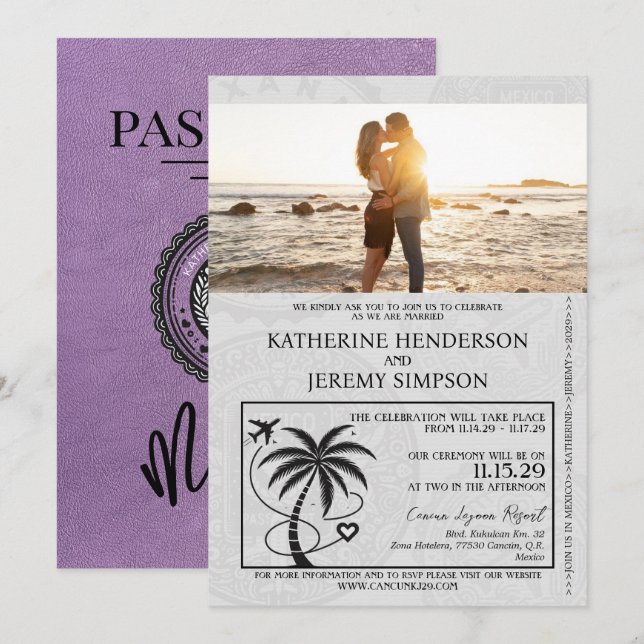Lavender Mexico Passport Wedding Einladung (Vorne/Hinten)