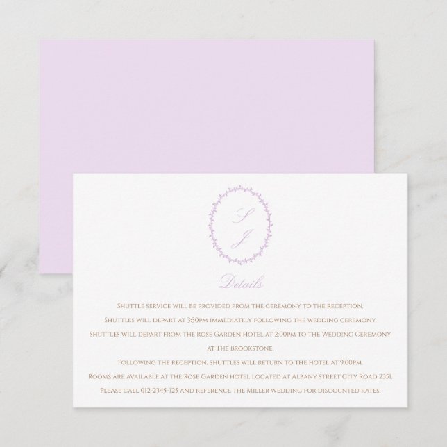 Lavender Minimalistisch Monogram Wedding Begleitkarte (Vorne/Hinten)
