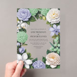 Lavender, Mint Green & White Floral Wedding Acryleinladungen<br><div class="desc">Elegant and timeless, this floral wedding invitation features a beautiful botanical arrangement in sophisticated trendy tones. The design combines soft florals and lush greenery to create a romantic and refined look that is perfect for modern weddings, garden ceremonies, and classic celebrations. Printed on premium acrylic for a luxurious presentation, this...</div>